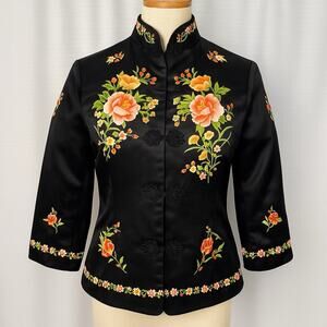 VTG 70s ESME Kimono Chinese Silk Blend Embroidered Floral Kaftan Jacket Size S